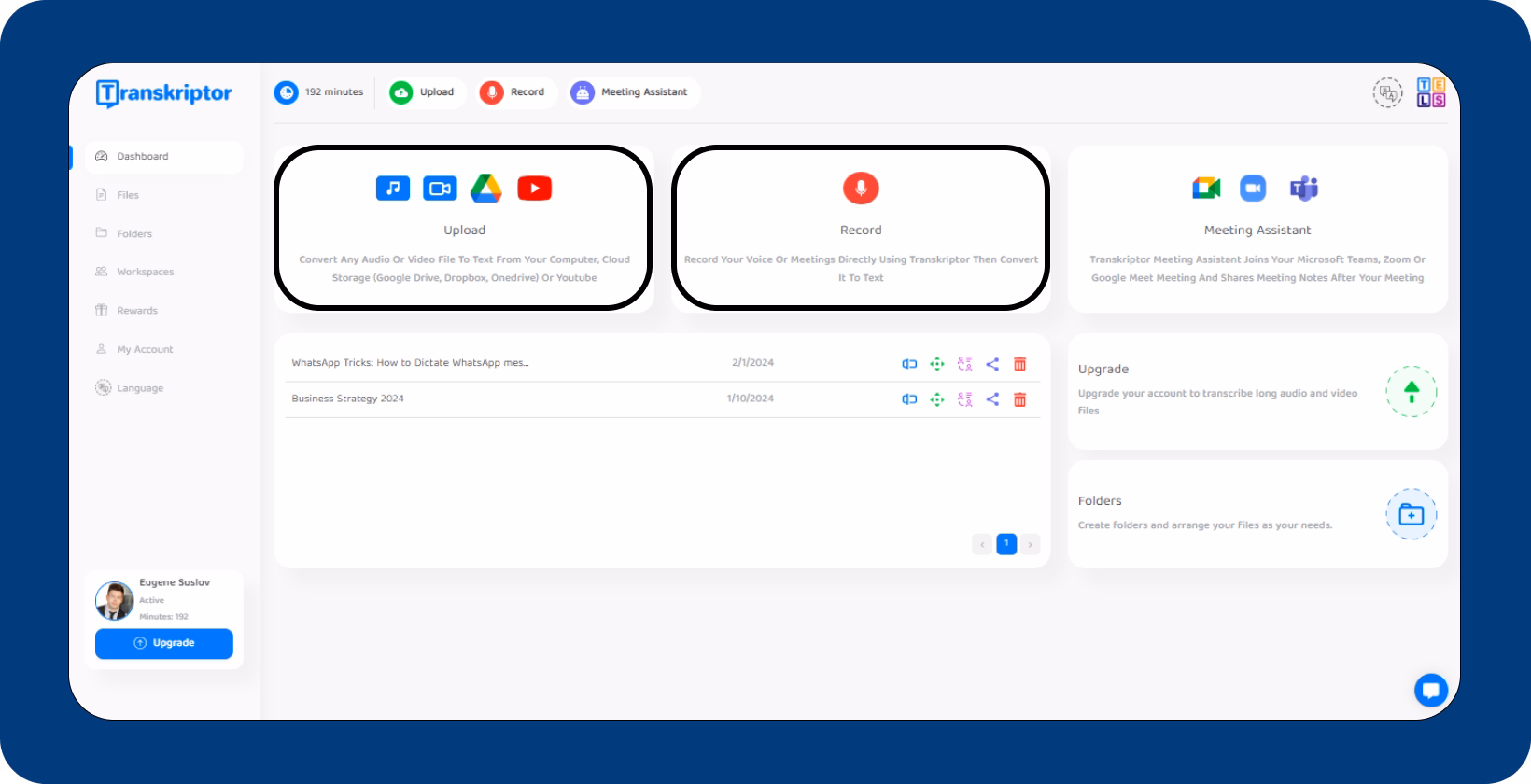 Plataforma conversora de fala para texto mostrando opções de upload e gravação, melhorando a eficiência de transcrição de áudio para texto. 