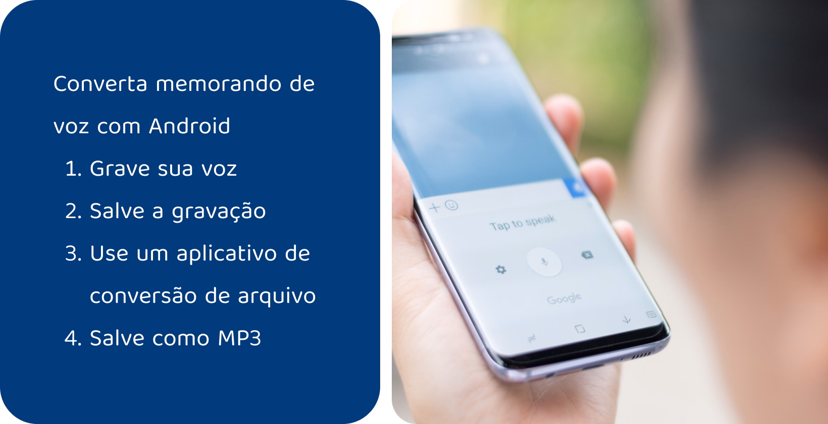 Pessoa usando um aplicativo de memorando de voz em um telefone para gravar áudio para converter para MP3 formato, demonstrando o processo de conversão.