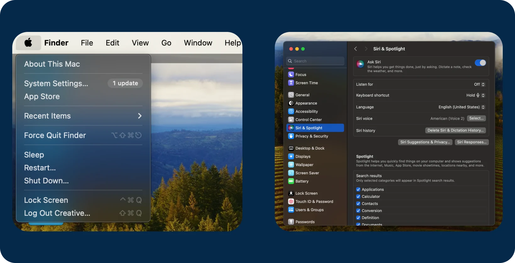 Siri on a Mac, illustrating how users can enable and customize Siri for voice commands and dictation.