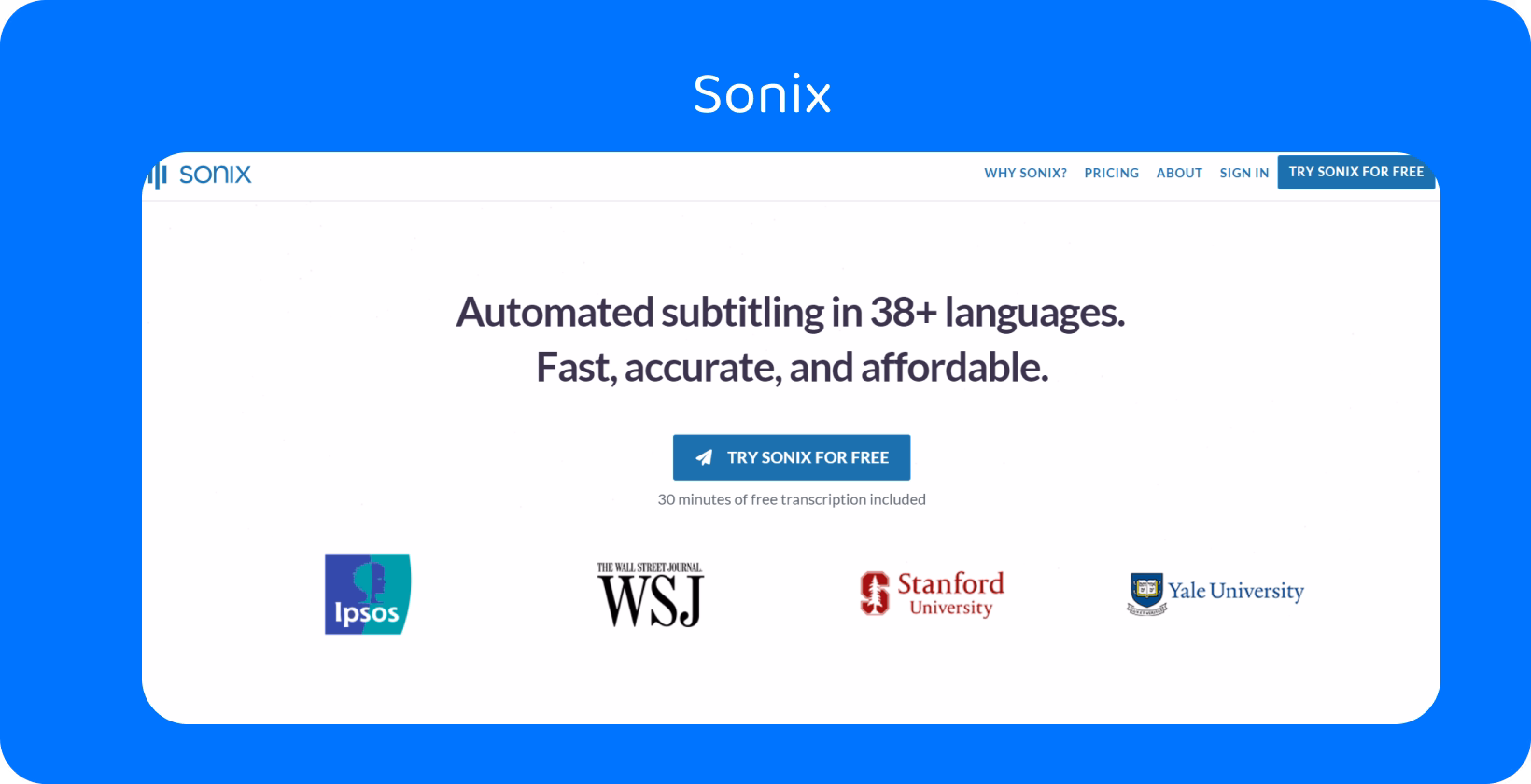 Jelajahi alternatif Transkriptor teratas seperti Sonix untuk layanan subtitle otomatis multibahasa, dengan kecepatan dan presisi yang luar biasa.
