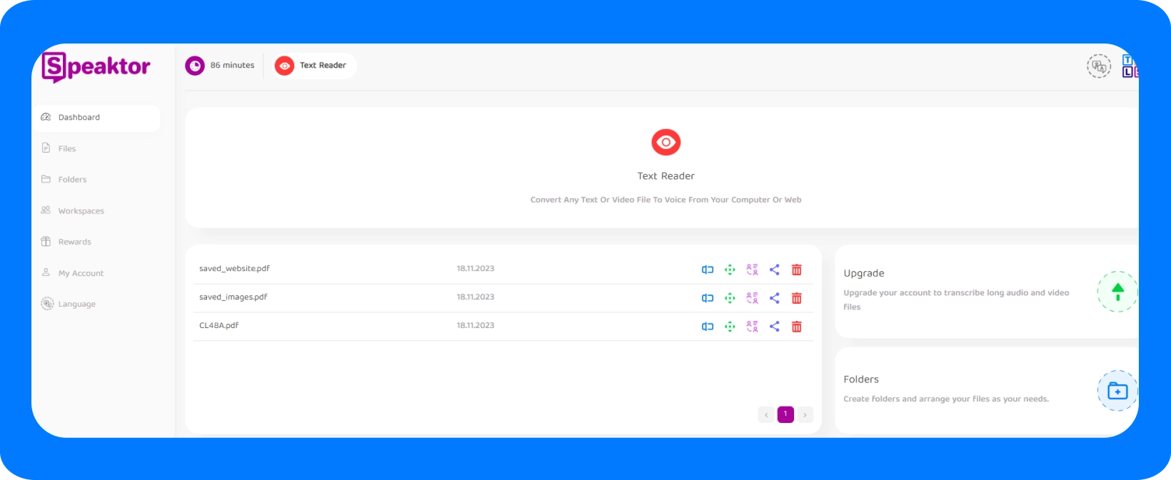 User interface of Speaktor showcasing the text to voice conversion feature.