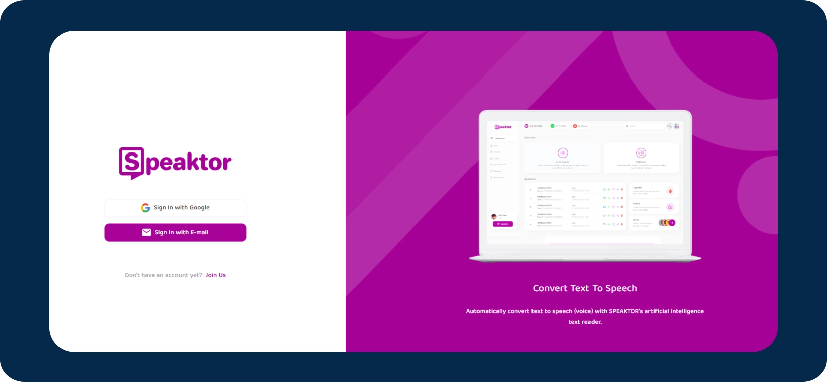 Screenshot of the Speaktor platform's text to speech conversion feature.