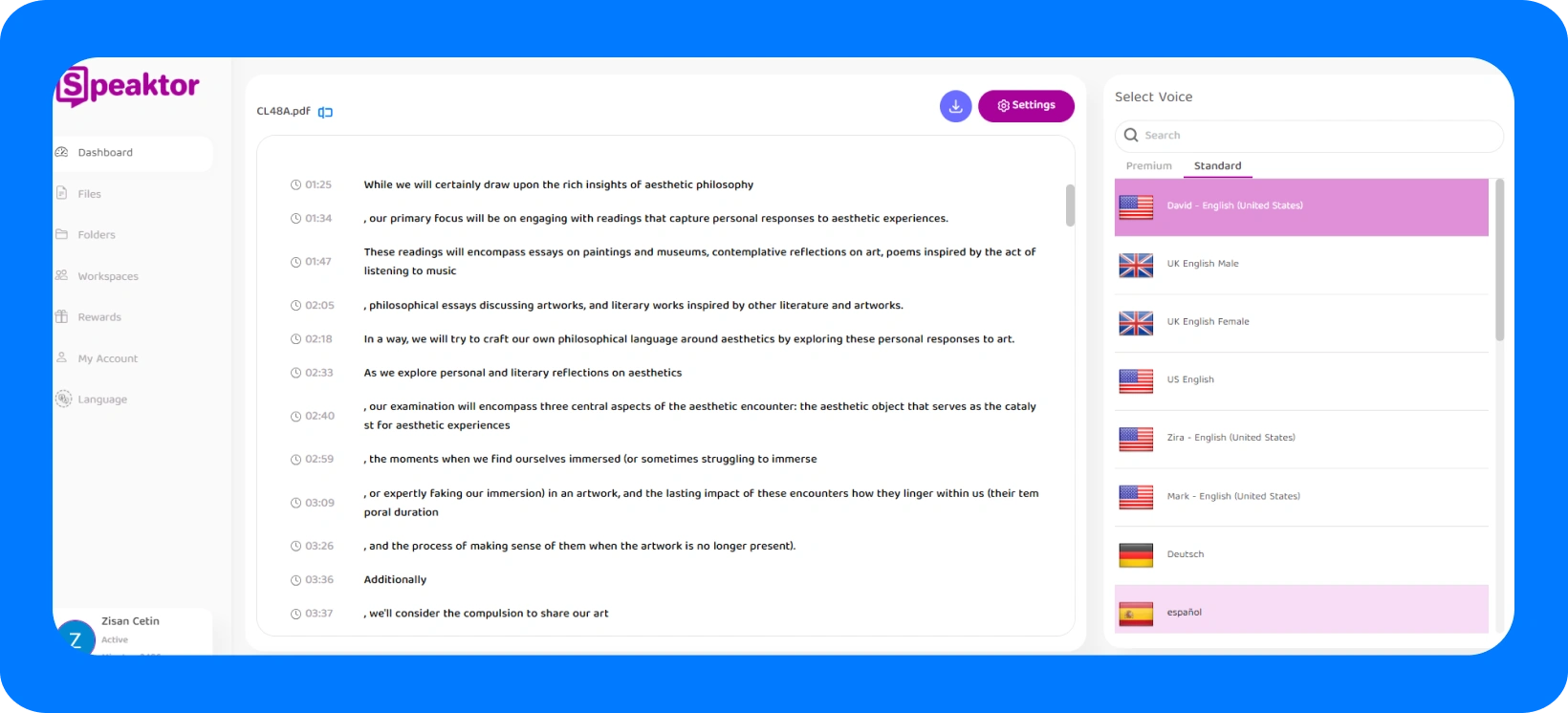 Interface showing text document and voice selection options for text-to-speech conversion.