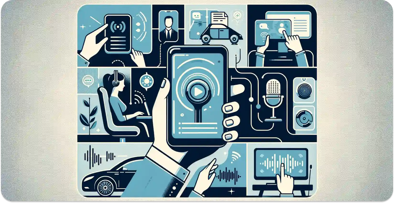 Collage illustrating various applications of speech recognition technology in devices and daily life.