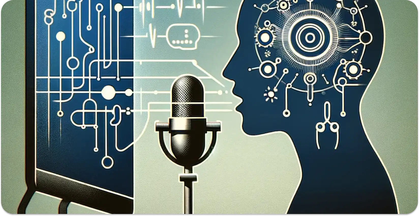 A person using speech recognition technology with a microphone and visual soundwaves on a computer screen.