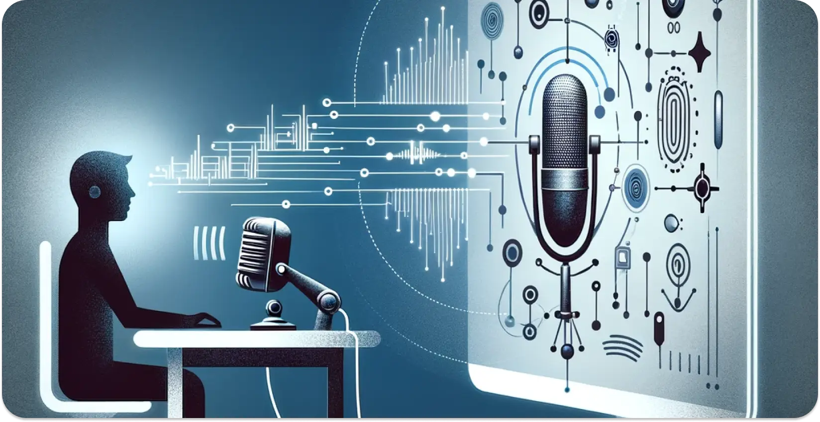 Silhouette of a person using a microphone with speech recognition technology.