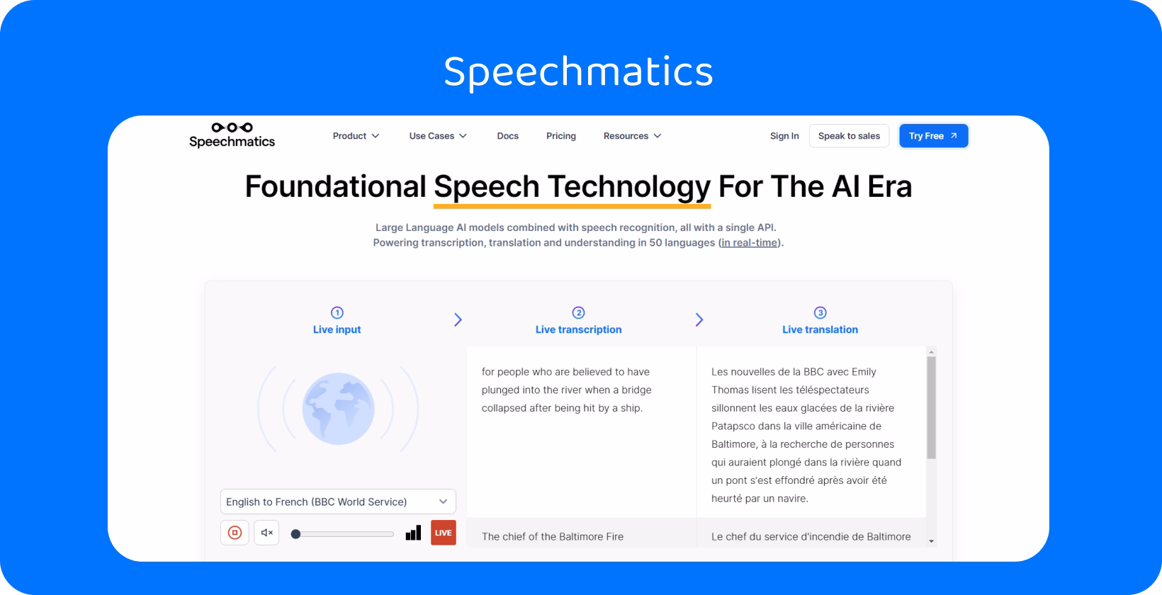 Transkriptor alternatif dipamerkan dengan antarmuka perangkat lunak teknologi ucapan yang menyediakan dukungan multi-bahasa.