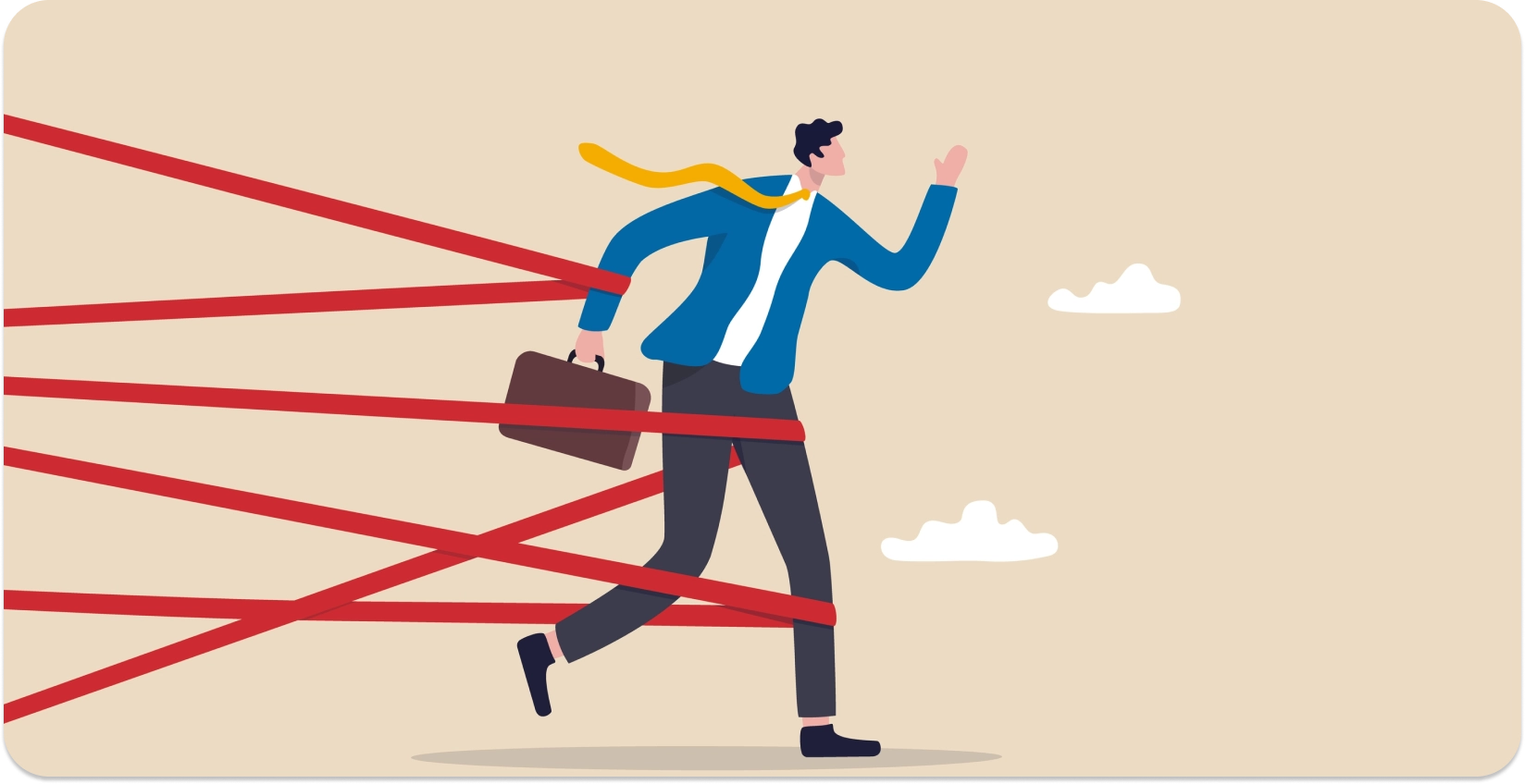 Symbolizing efficiency in transcription with an animated person dodges red barriers.