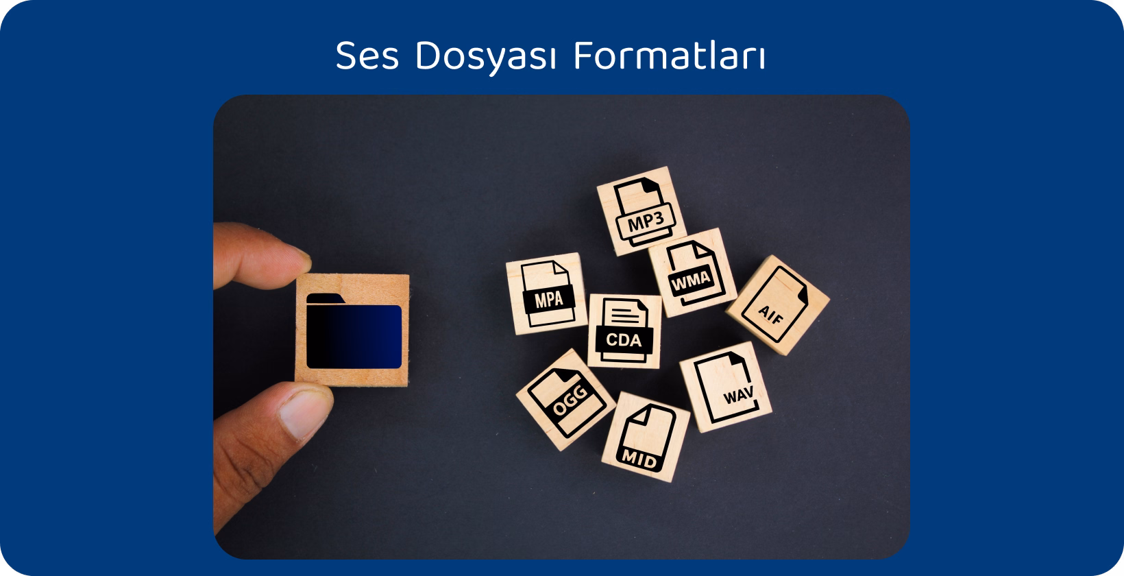 MP3 ve diğer ses formatlarıyla işaretlenmiş boş bir alana sahip ahşap bir karoyu tutan el, MP3'ye dönüştürmeyi gösterir.