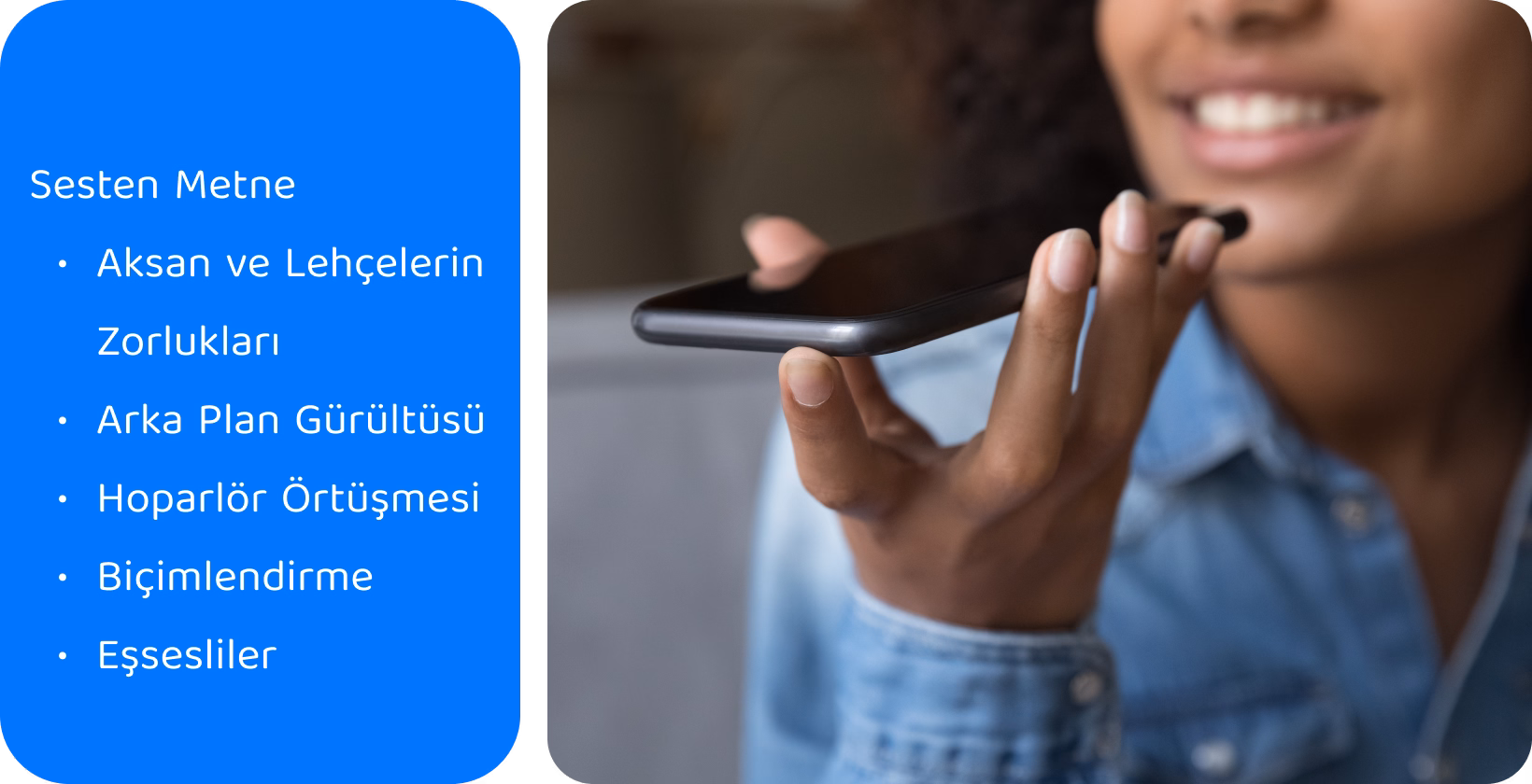 Akıllı telefonunda sesten metne teknolojisini kullanan, doğru transkripsiyonlar için aksan ve gürültü gibi zorlukların üstesinden gelen kadın.