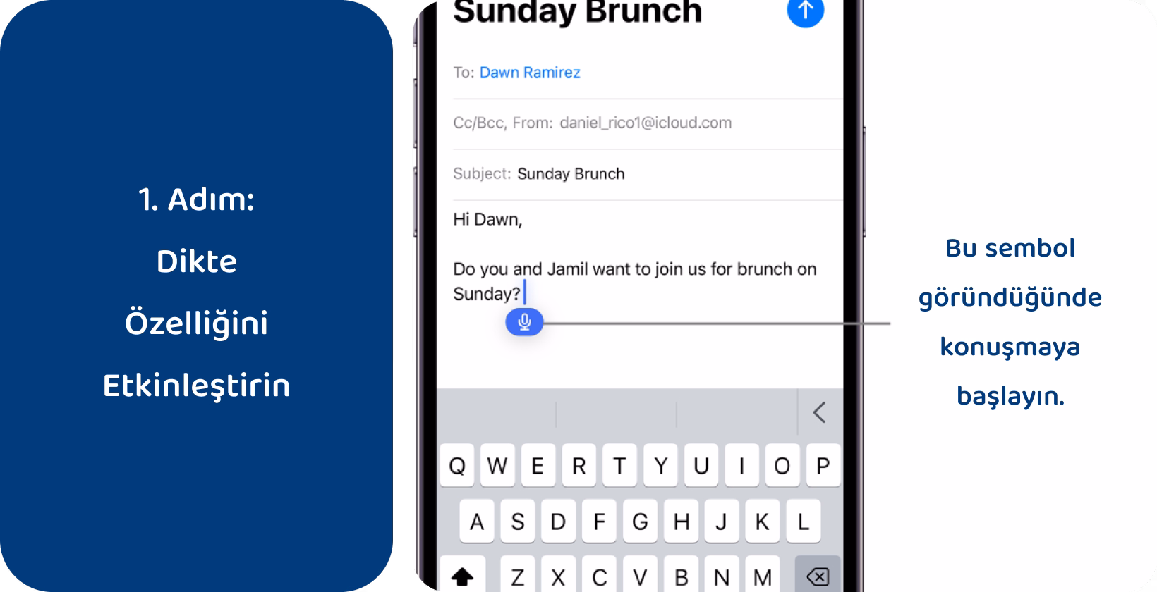 Kullanıcının, e-posta metin girişi için konuşmaya hazır iPhone dikte özelliğini etkinleştirerek eller serbest yazmayı gösterir. 