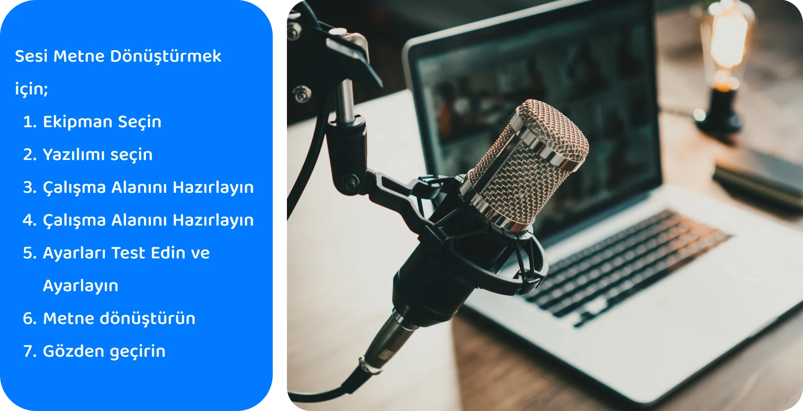 Arka planda bir dizüstü bilgisayar ile kayıt veya canlı transkripsiyon için konumlandırılmış profesyonel mikrofon.