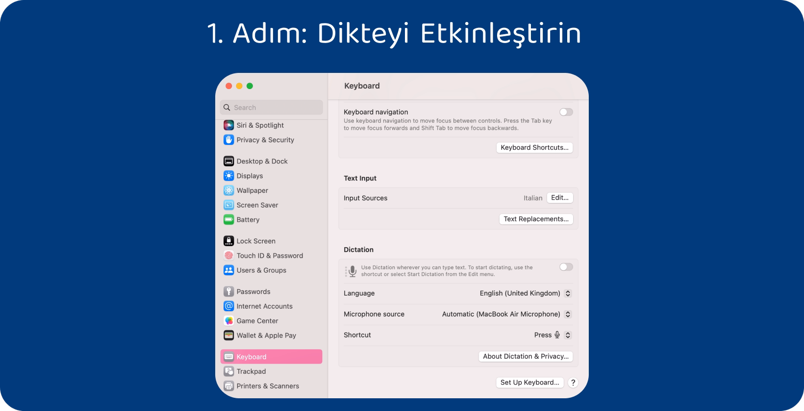 Mac ayarları ekranında vurgulanan ve akıcı yazma için ses girişini etkinleştirme adımlarını gösteren dikte özelliği.