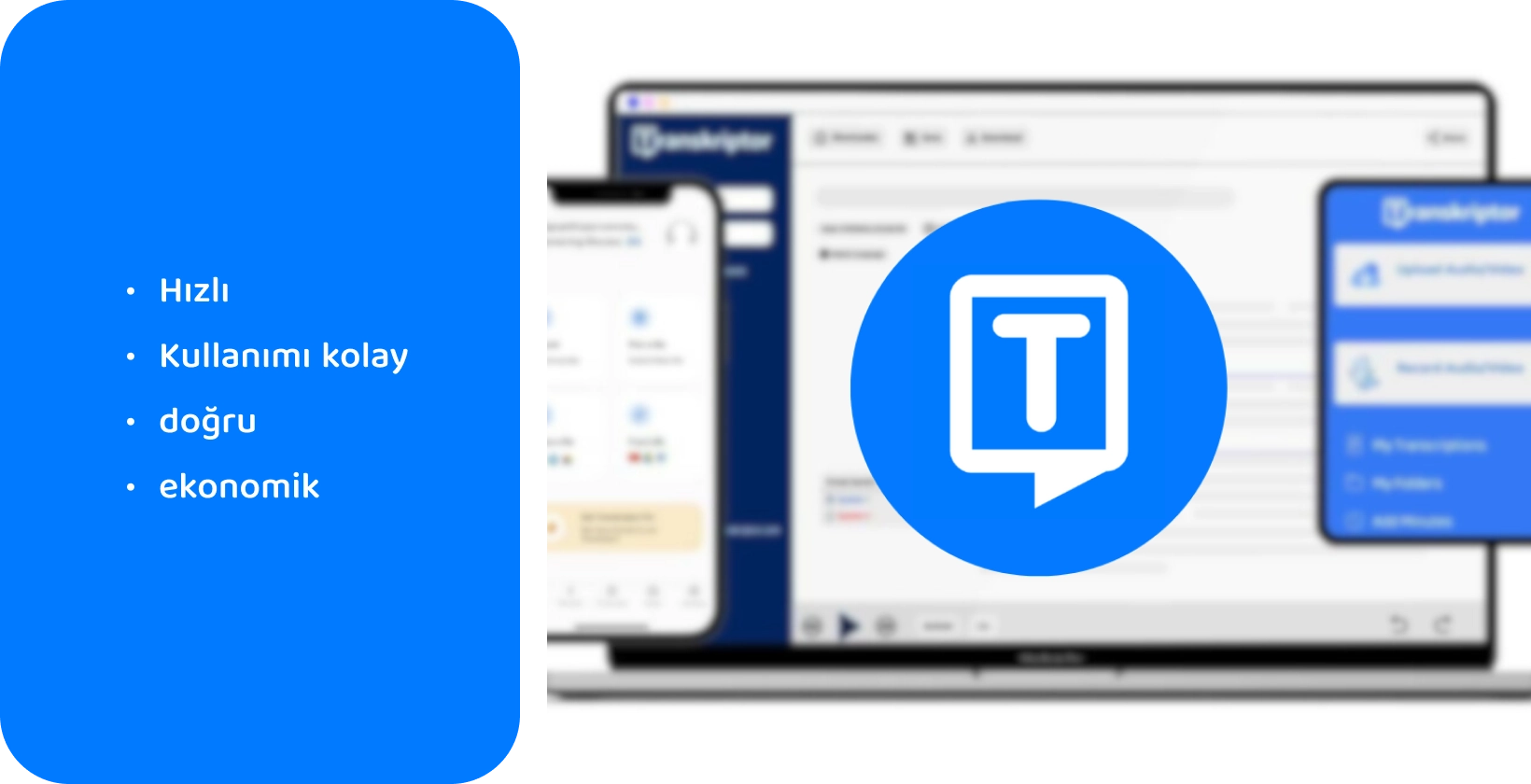 Canlı ses transkripsiyonu için özelliklerini gösteren, Transkriptor uygulamayı gösteren telefon ve bilgisayar ekranları.