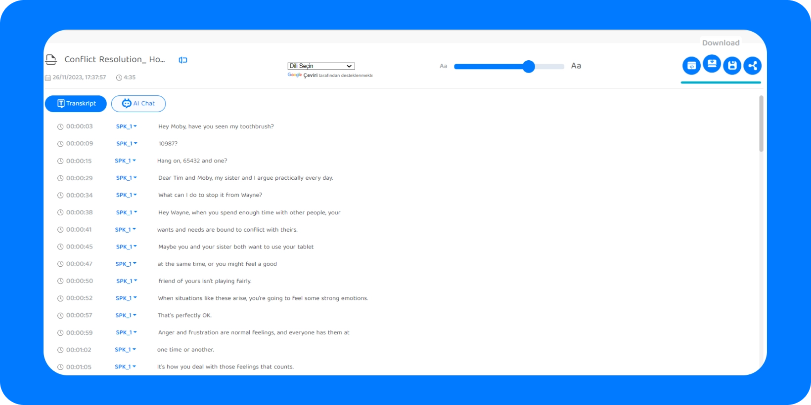 Transkriptor interface displaying transcribed text from an audio recording.