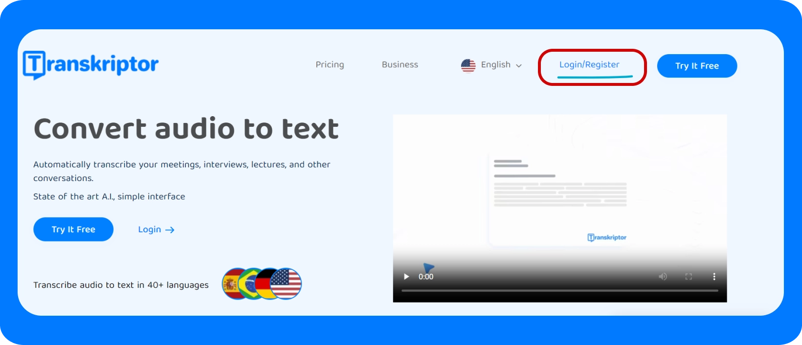 Transkriptor's homepage showcasing the service for converting audio from YouTube videos to text.