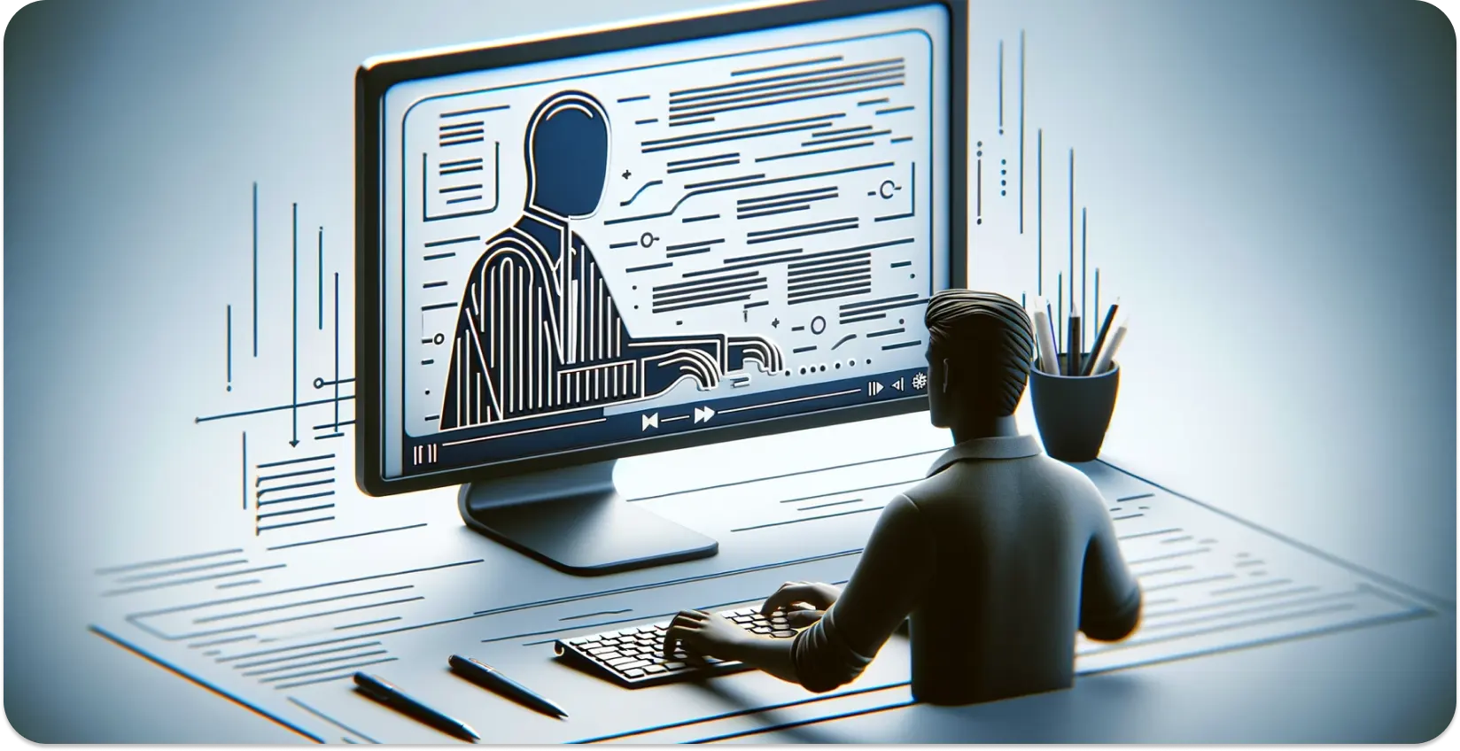 A captioner working on a computer with audio visualization.