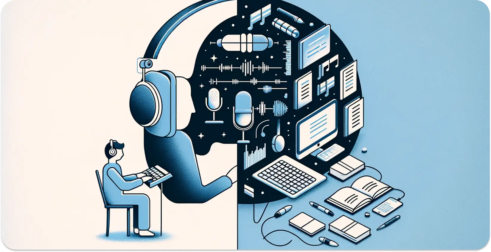 Tech illustration of a person using transcription and translation software with audio and text elements.