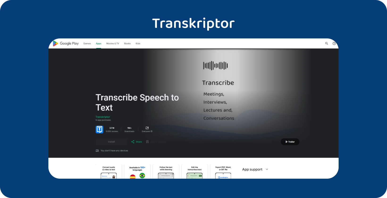 Transkriptor en Google Play, una aplicación para transcribir voz a texto, ideal para reuniones y conferencias.