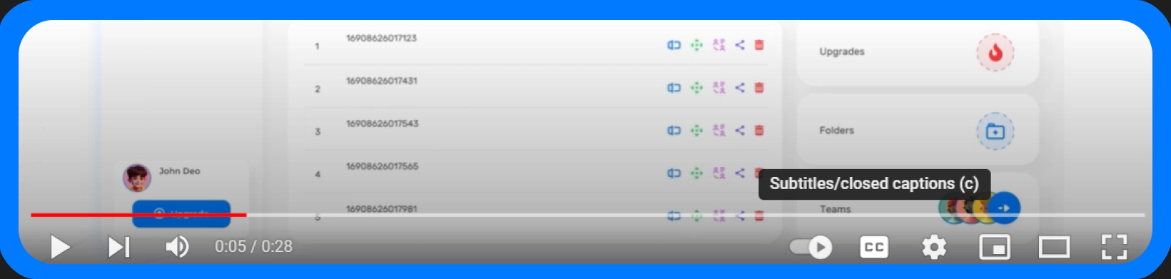 Transkriptor's interface with the subtitles/closed captions option highlighted.