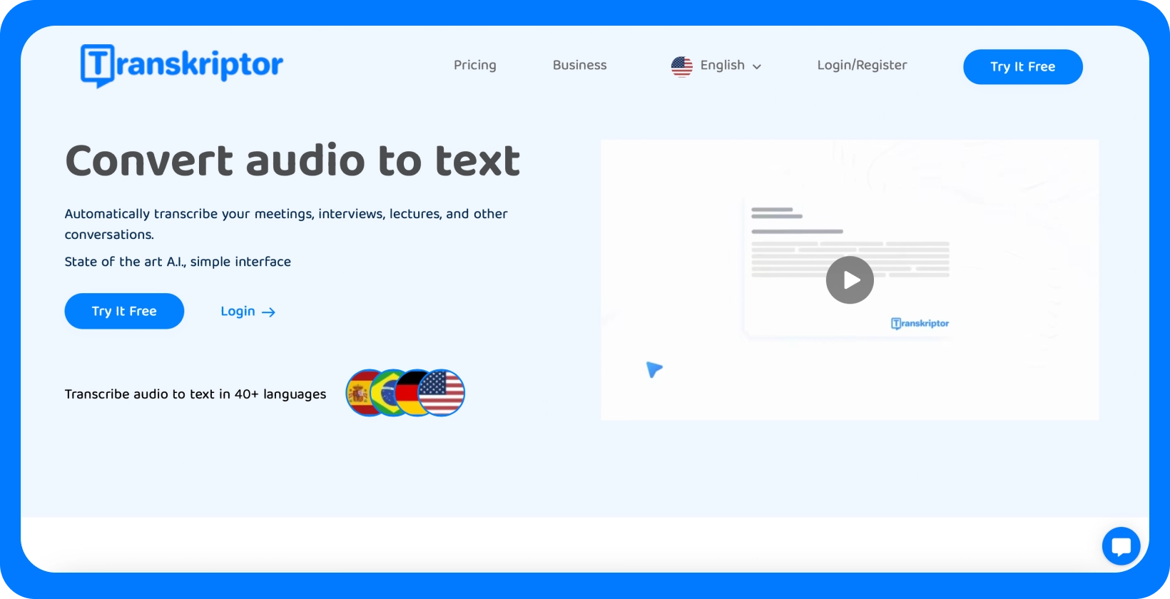Transkriptor interface promoting audio to text transcription service with multi-language support.
