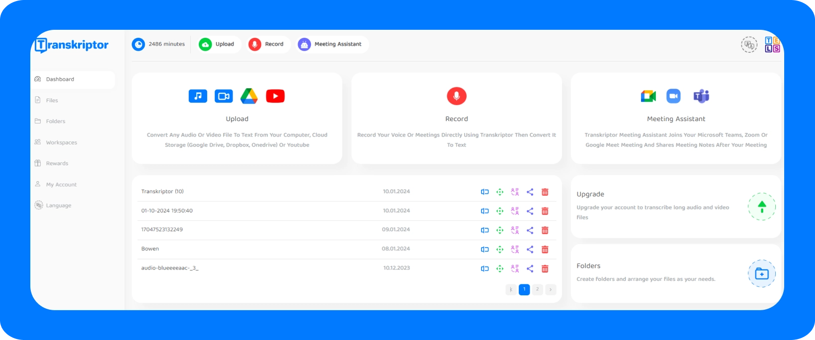 The dashboard of Transkriptor showing features, as a dictation software.