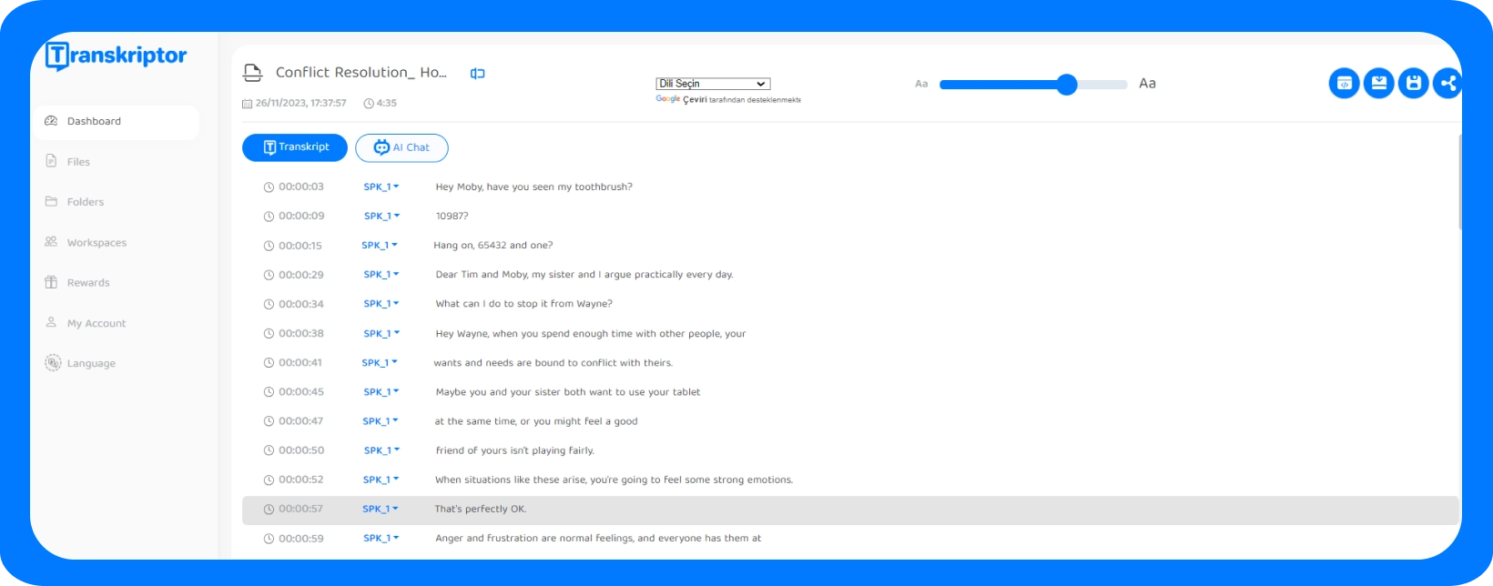 Transkriptor displaying a transcribed conversation, highlighting its utility for legal professionals.