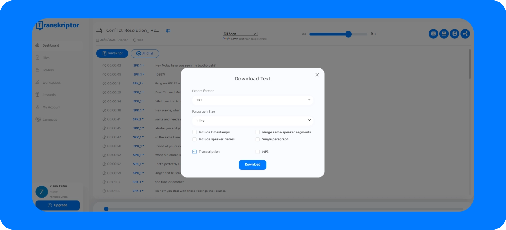 Transcription software dialogue box offering different text download formats and settings.