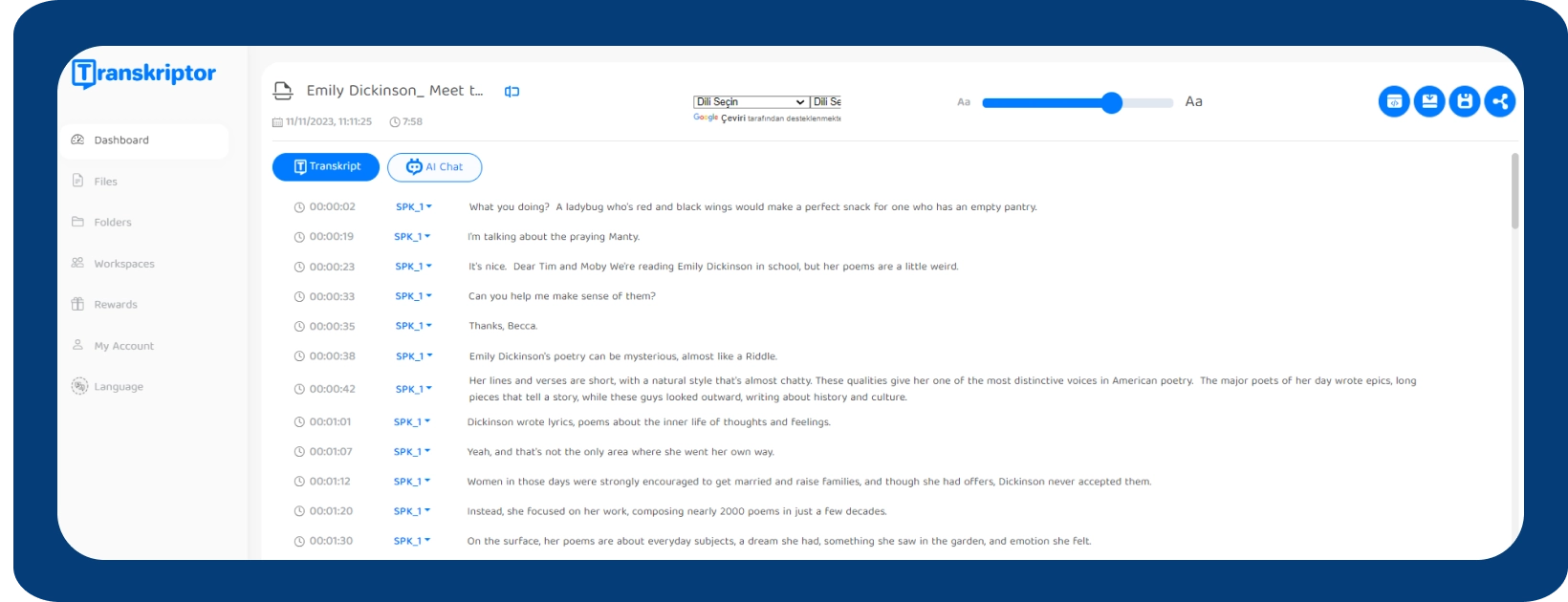 Transkriptor's interface showing a transcription, highlighting its utility for writers.