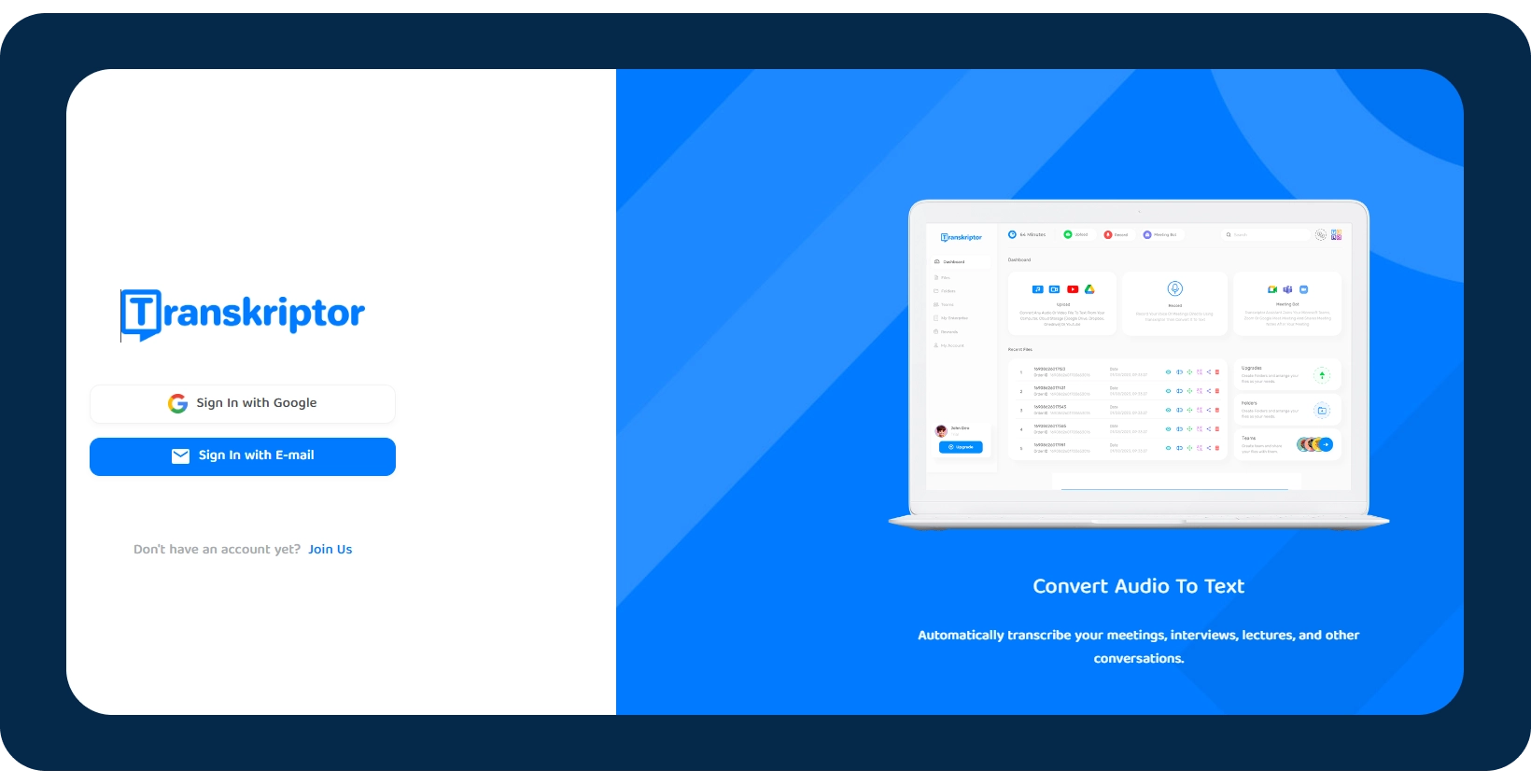 Login page of Transkriptor portal for converting audio to text.