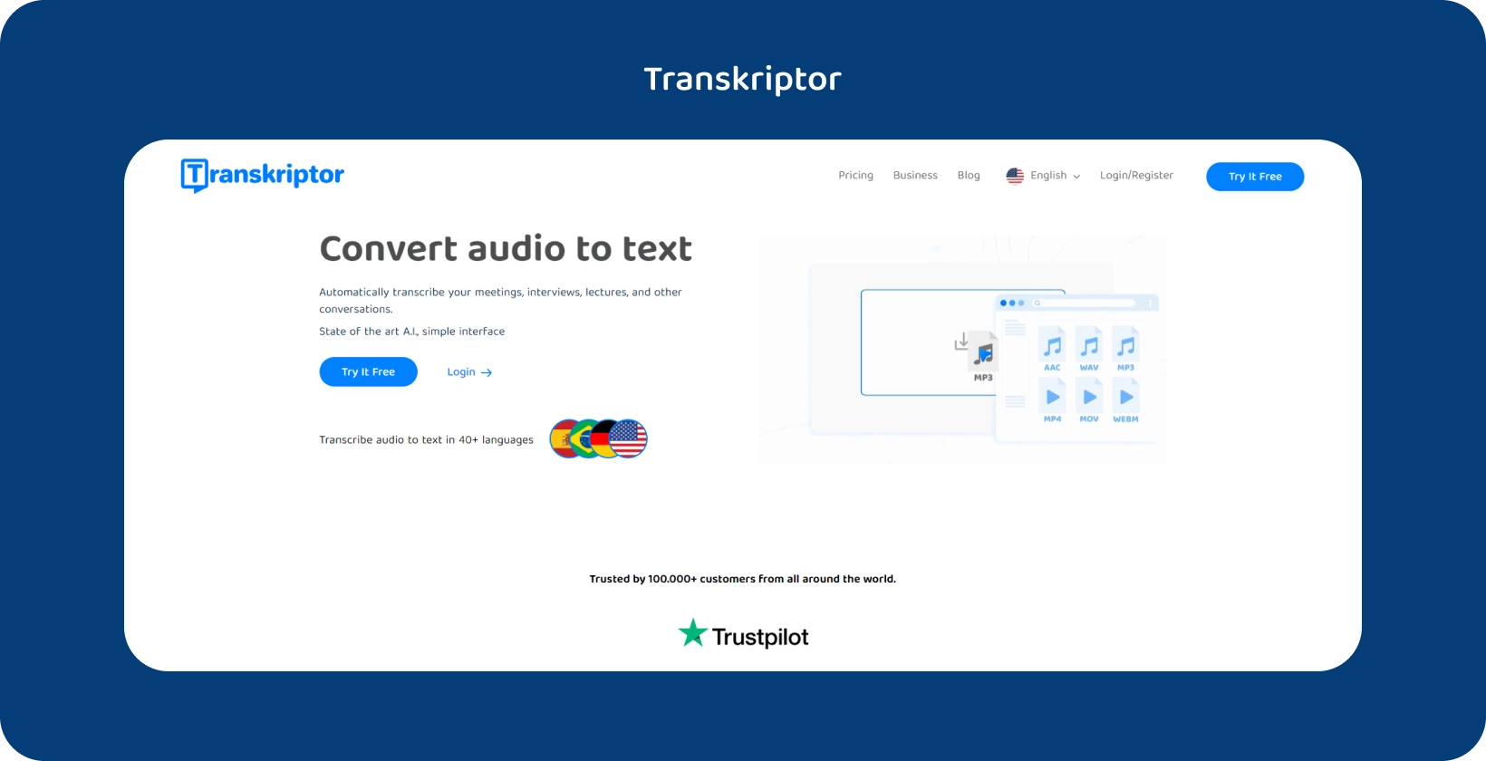 Transkriptor's interface met meertalige audio-naar-tekst conversiemogelijkheden voor efficiënte transcriptie.