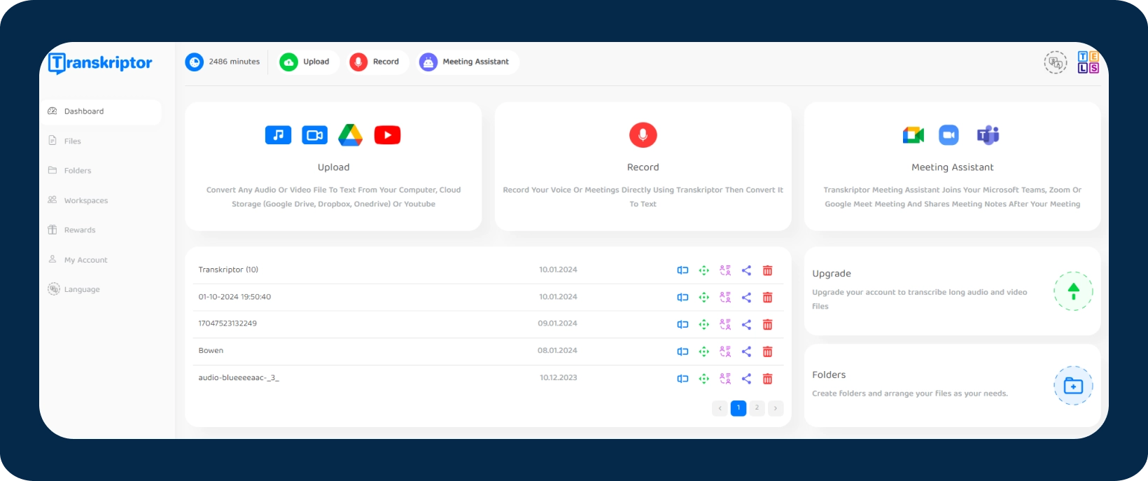 User interface of Transkriptor showing options for uploading audio for recording.