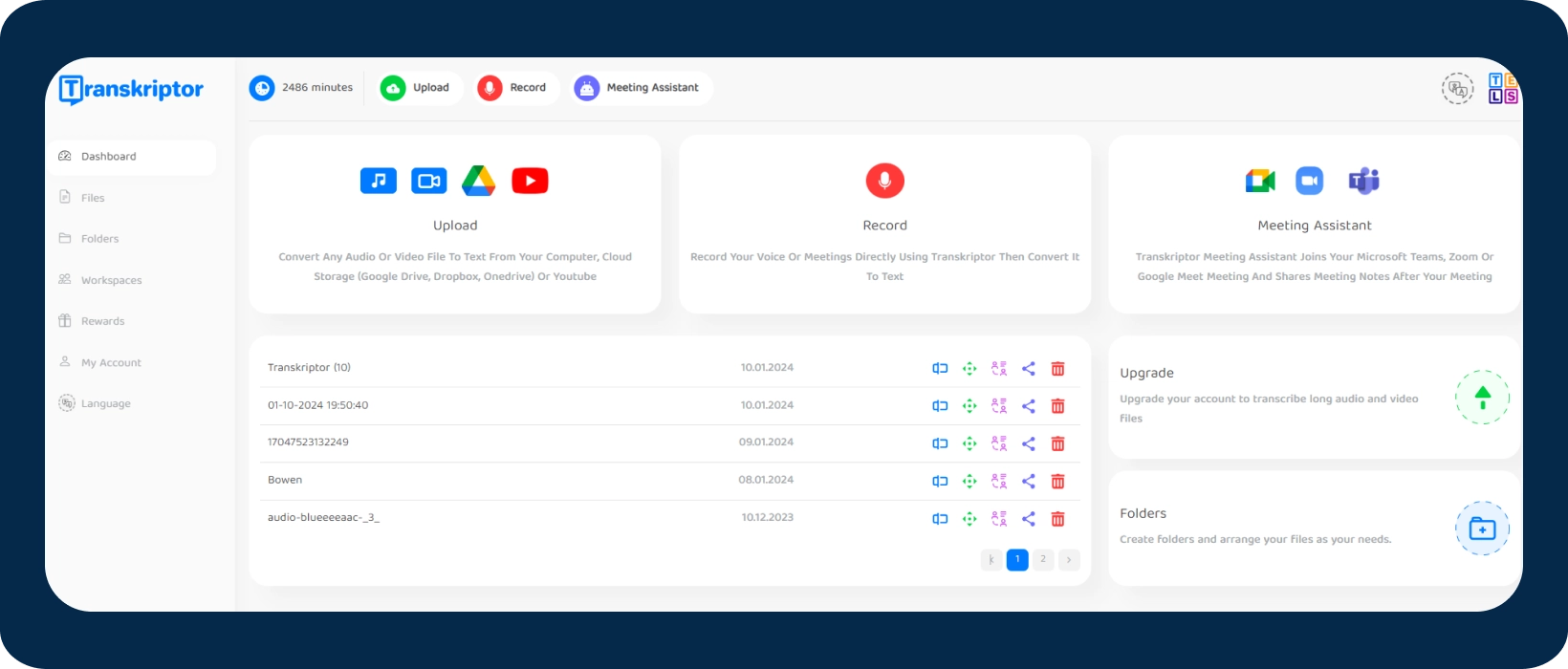 Interface of Transkriptor showing options for uploading audio and video files for transcription