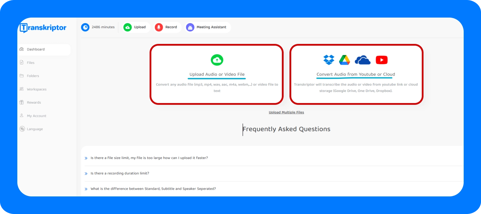 Transkriptor dashboard with options for uploading audio and video files.
