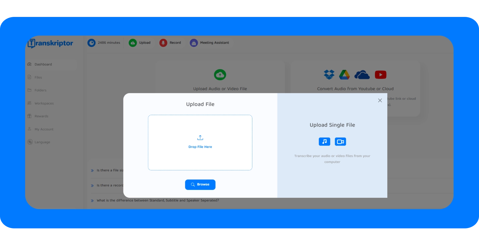 Interface for uploading files to Transkriptor, ready to transcribe YouTube Shorts.