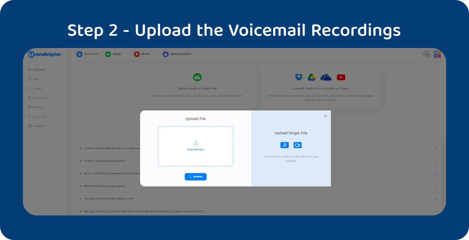 User-friendly upload button for converting audio or video to text on Transkriptor.