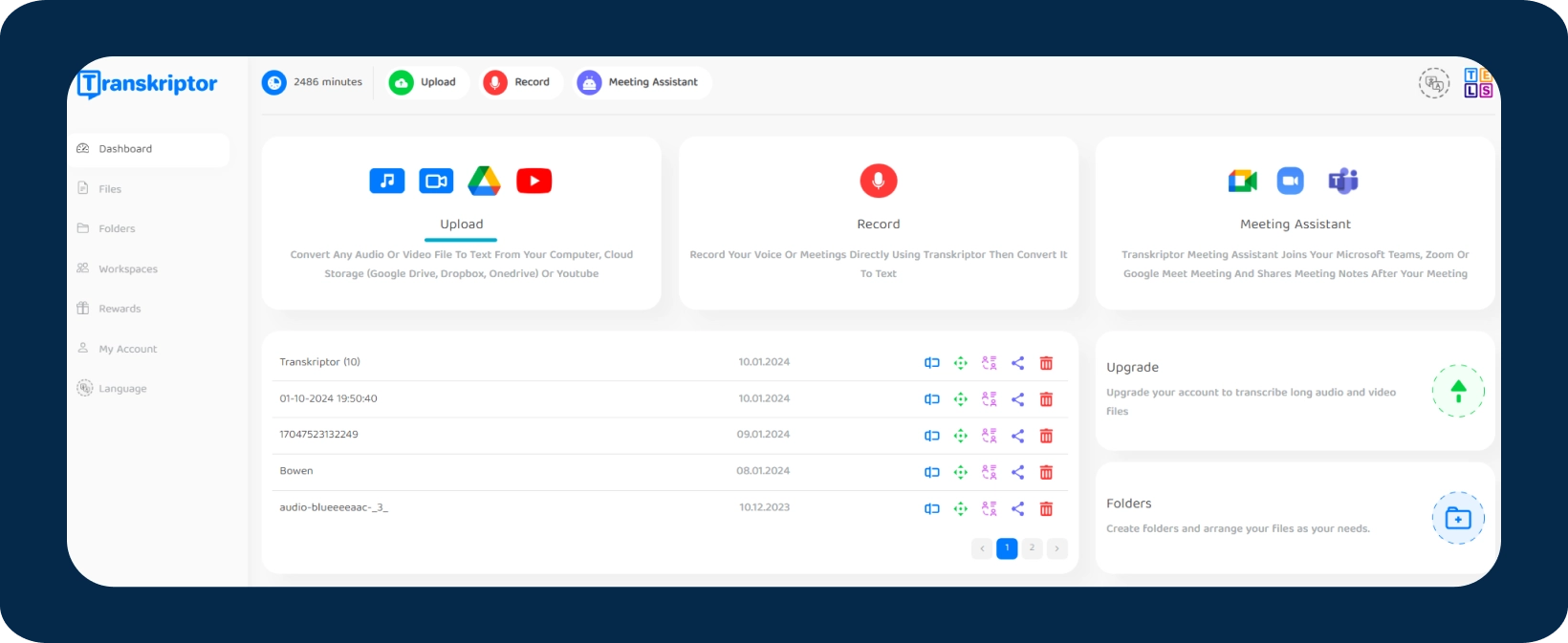 Transkriptor's user dashboard with options for uploading for YouTube videos.