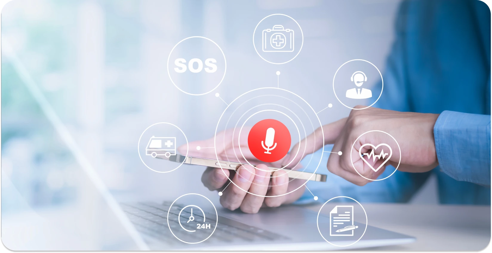 An individual interacting with a dictation interface, representing the integration of technology in dictation.