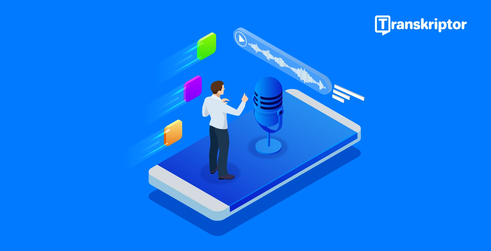 Man on a smartphone interacting with voice recognition technology for easy dictation and typing.