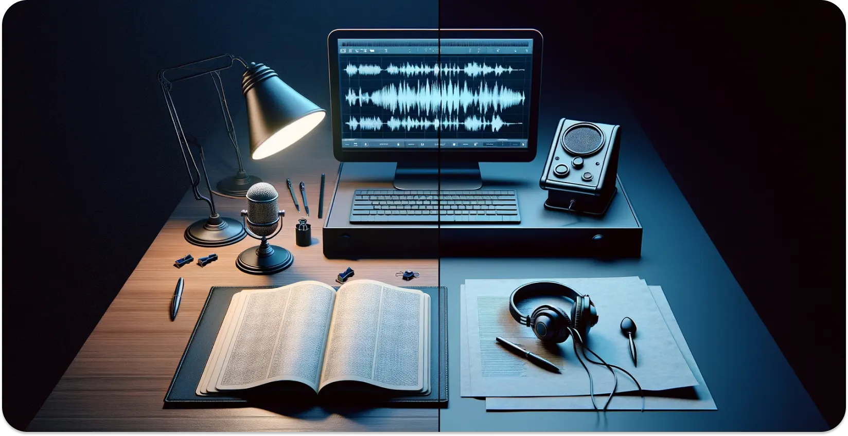 A modern transcription setup with microphone, open book, and waveform on monitor screen.