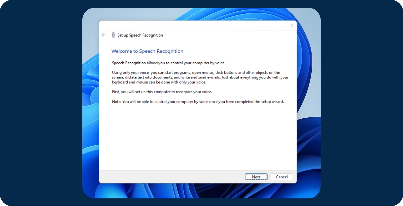 Speech recognition setup window on a Microsoft Windows computer, guiding users through voice control.