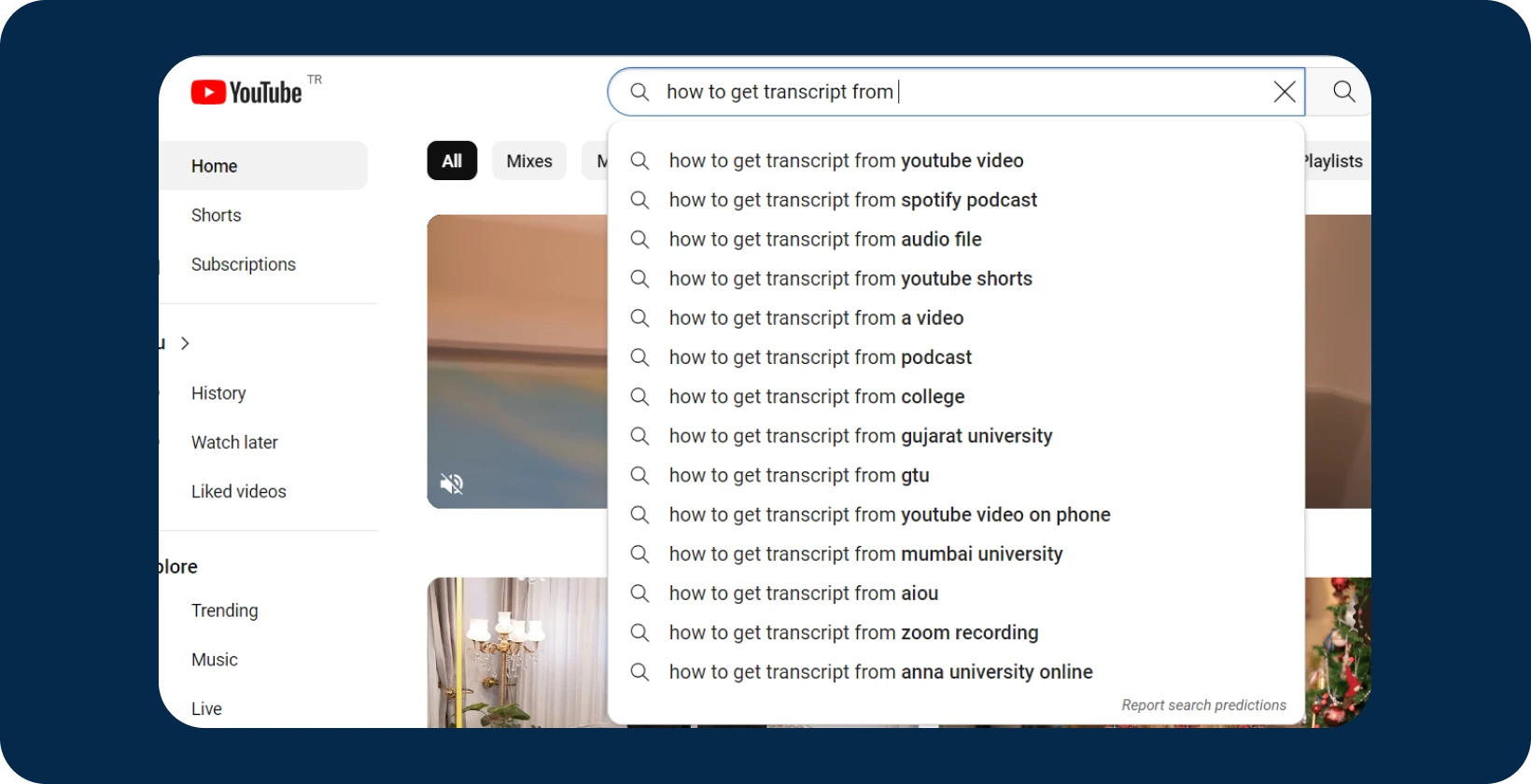 YouTube search bar with typed query on 'how to get transcript from YouTube video', suggesting user engagement.