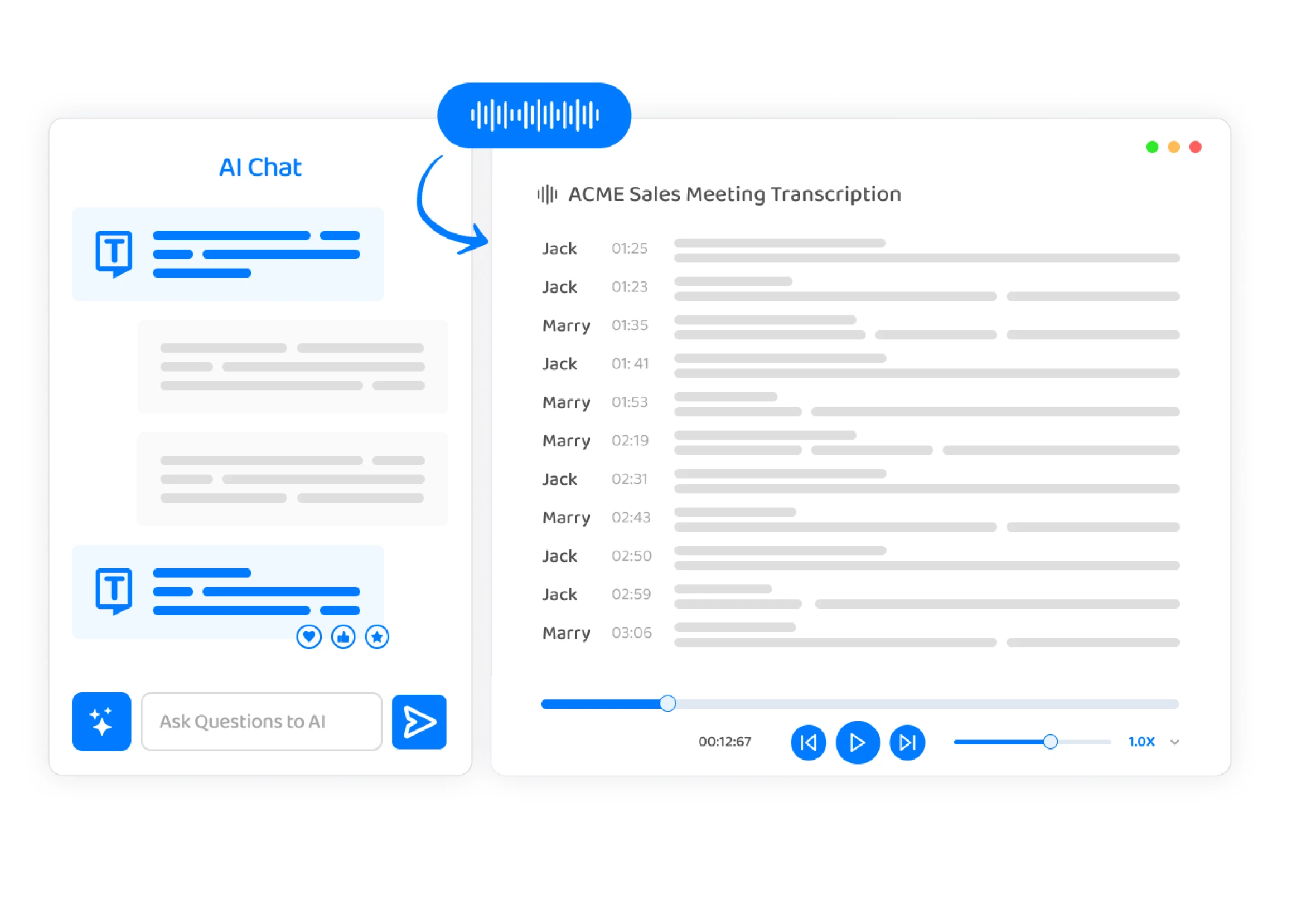 A screen layout showcasing Transkriptor's AI chat and simultaneous voice recording features.