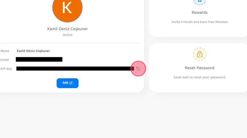 A screenshot showing how to copy the API key