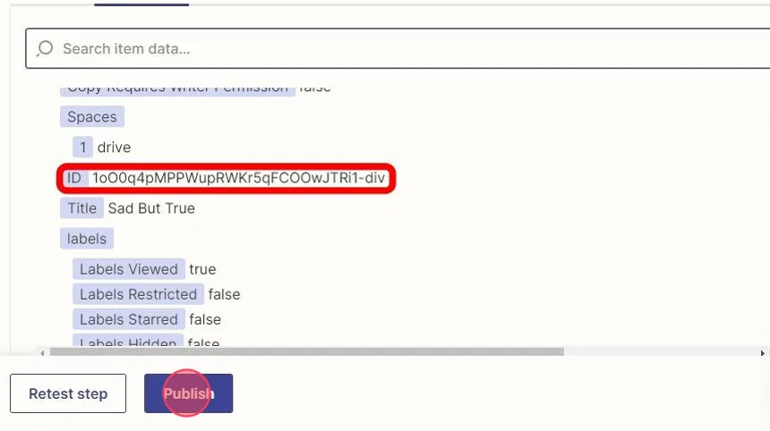 A screenshot showing how to publish the zap