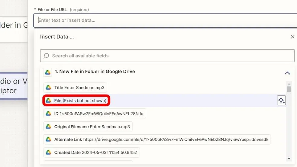 A screenshot showing how to set the audio or video file